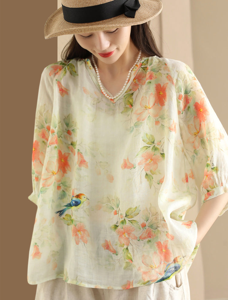 Chemise ample à col en V et fleurs d'été pour femmes OO1035