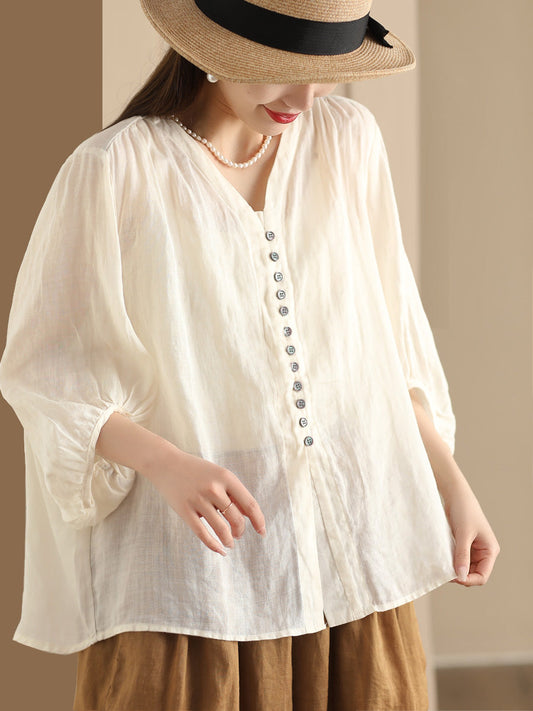 Plus Size Women Casual Summer Solid Button-up Ramie Shirt PA1038