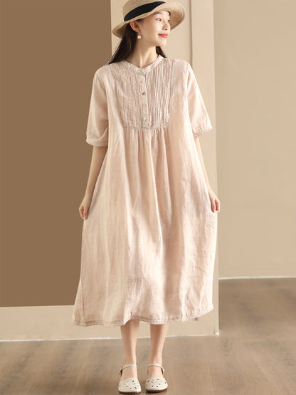 Women Summer Casual Solid Shirred Button Linen Dress HH019