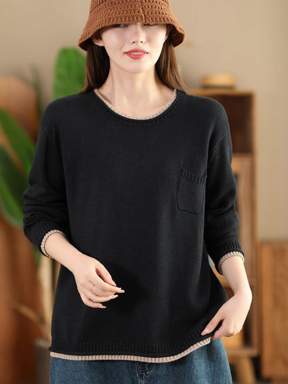 Women Autumn Casual Colorblock O-Neck Cotton Knit Blouse AI1068