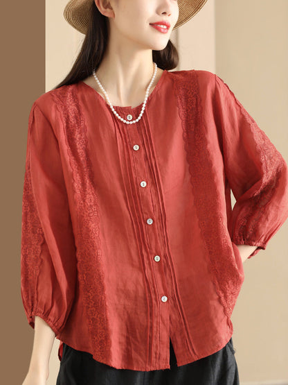 Women Summer Artsy Lace Spliced Ramie Button-Up Shirt II1020