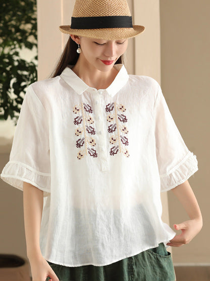 Women Summer Vintage Embroidery Turn-down Collar Ramie Shirt FD017