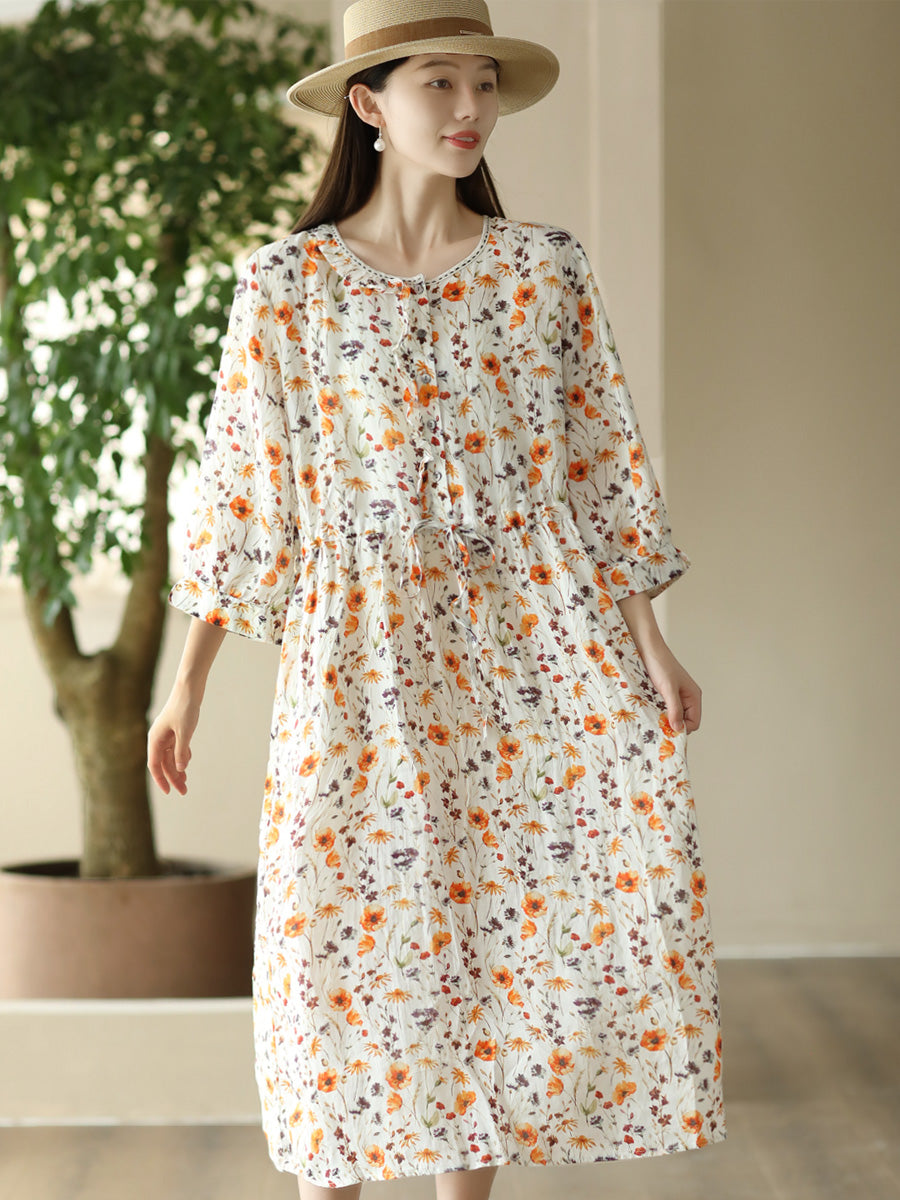 Robe d'été à bretelles et col rond pour femme en ramie à imprimé floral FD010