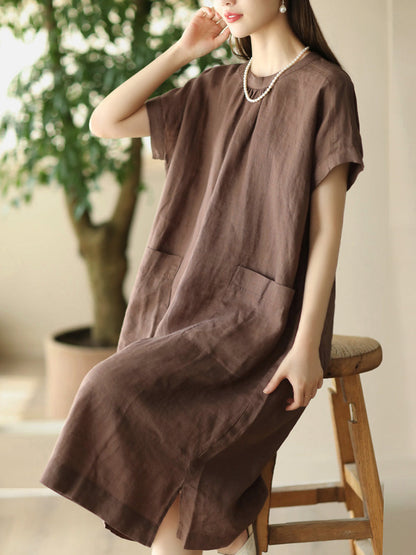 Women Summer Casual Solid Pocket O-Neck Linen Dress FD051