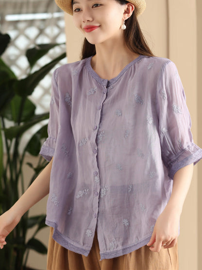 Women Summer Vintage Embroidery Button-up Ramie Shirt CX007