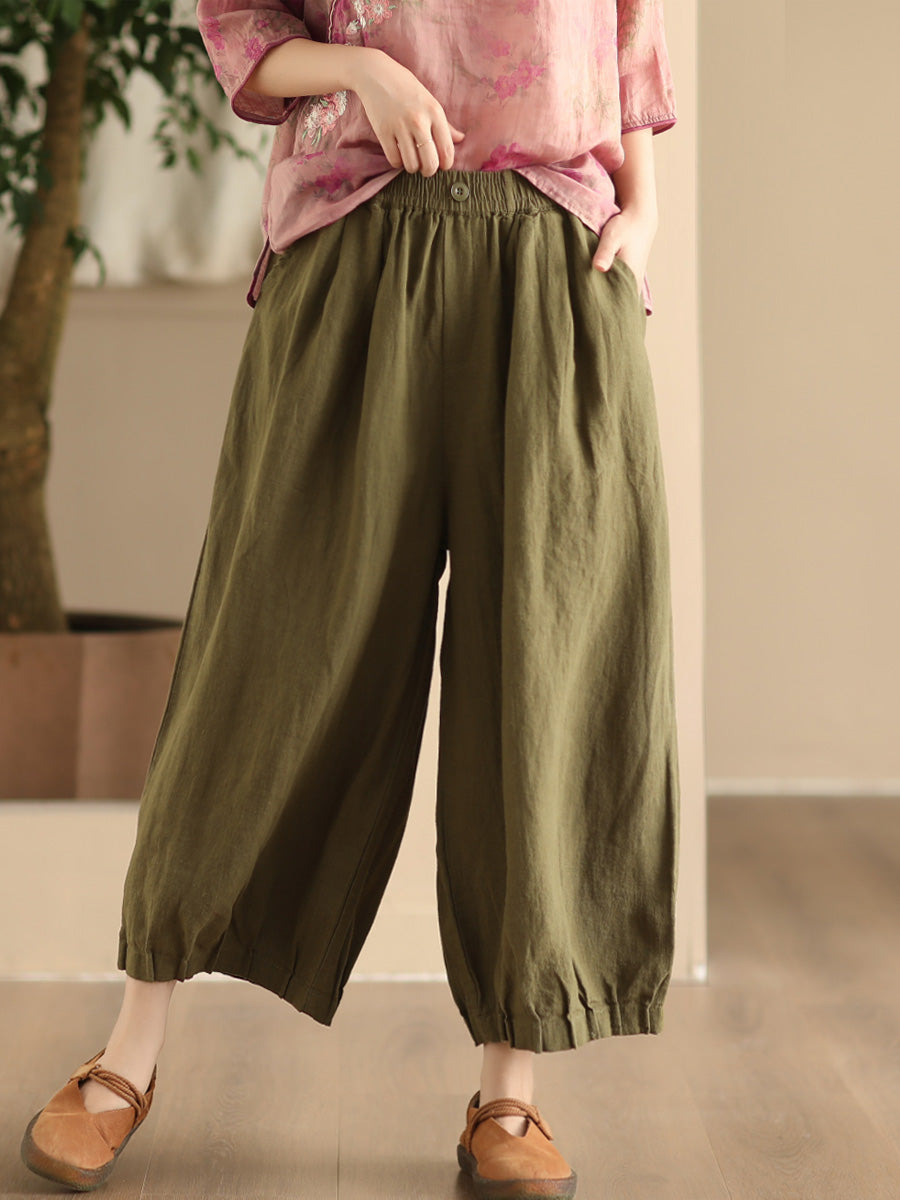 Damen Sommer Vintage Hose aus massivem Leinen mit weitem Bein FD038