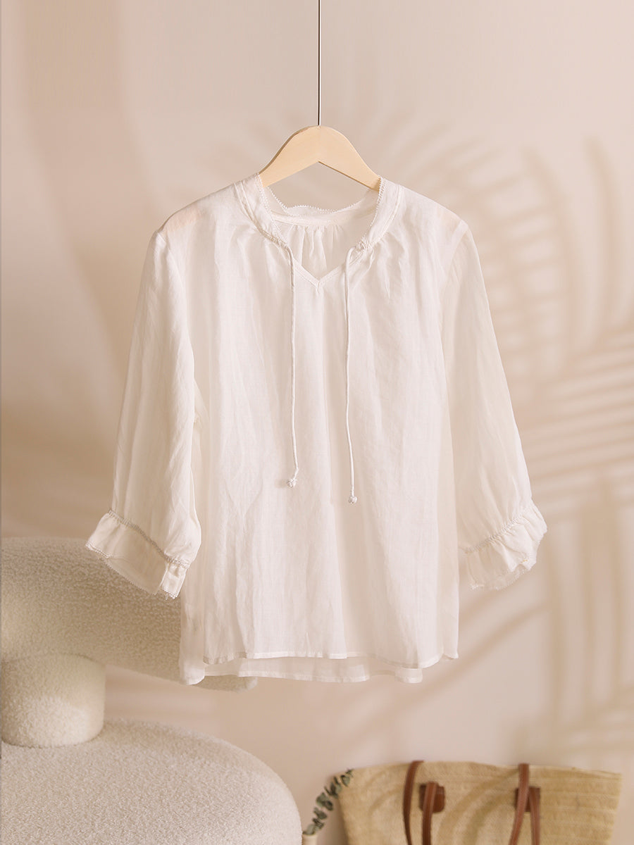 Women Summer Solid Ruffle-Sleeve Ramie Thin Shirt WE1026