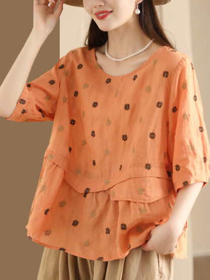 Women Summer Embroidery Spliced Ramie Loose Shirt XX1046