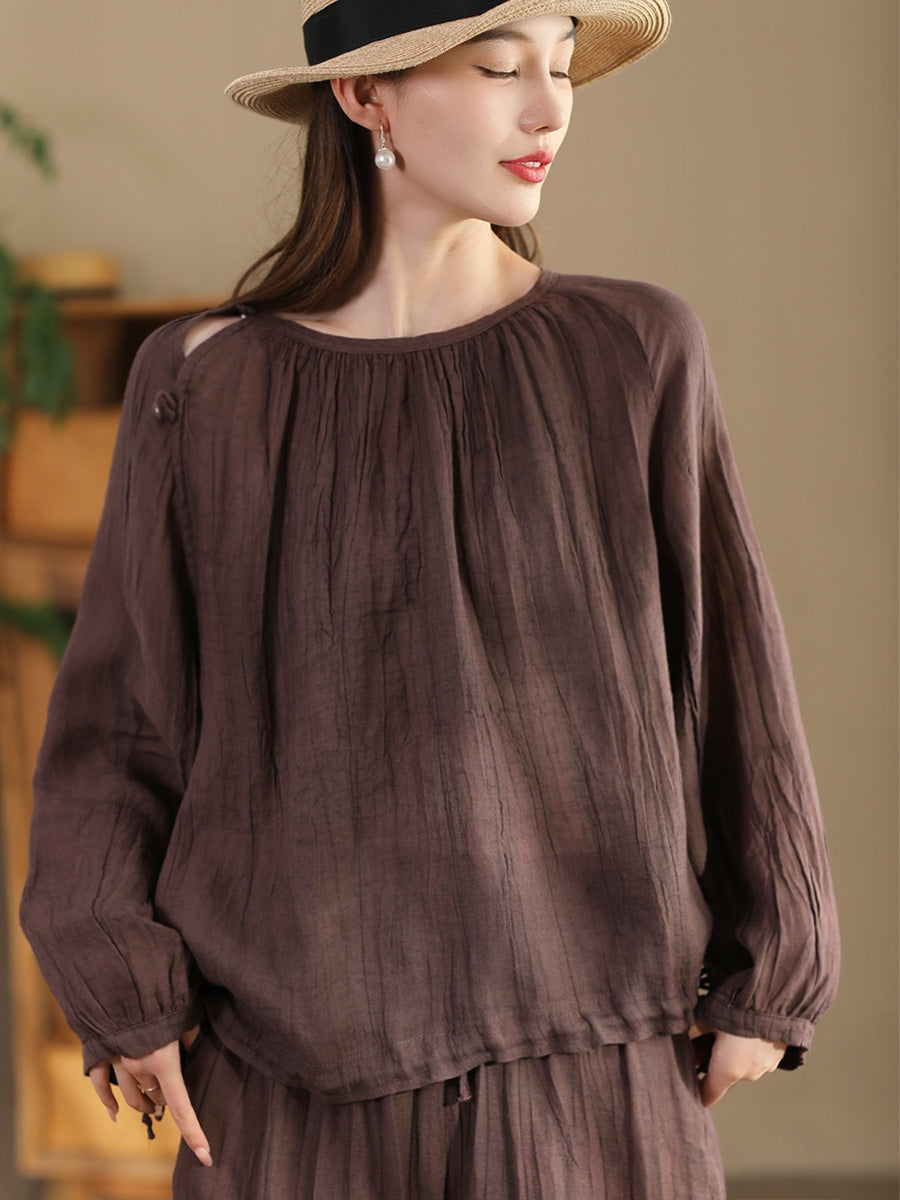 Women Summer Artsy Strap Hem O-Neck Ramie Blouse AS1026