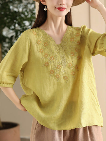 Women Summer Artsy Flower Embroidery Ramie V-Neck Shirt CC030