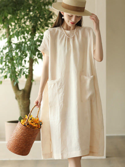 Women Summer Casual Solid Pocket O-Neck Linen Dress FD002