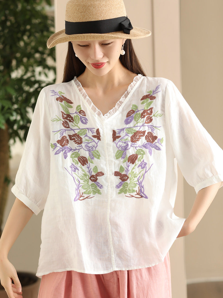 Chemise d'été vintage en ramie avec broderie florale pour femme FD044