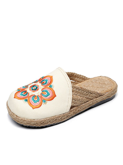 Women Summer Ethnic Flower Embroidert Straw Slippers II1017