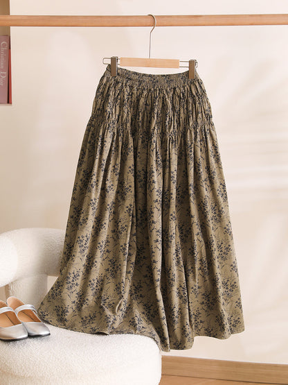 Women Summer Artsy Floral Shirred Cotton Skirt AH345