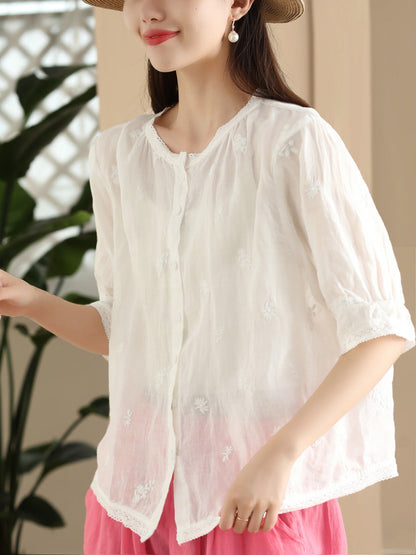 Women Summer Vintage Embroidery Button-up Ramie Shirt CX007