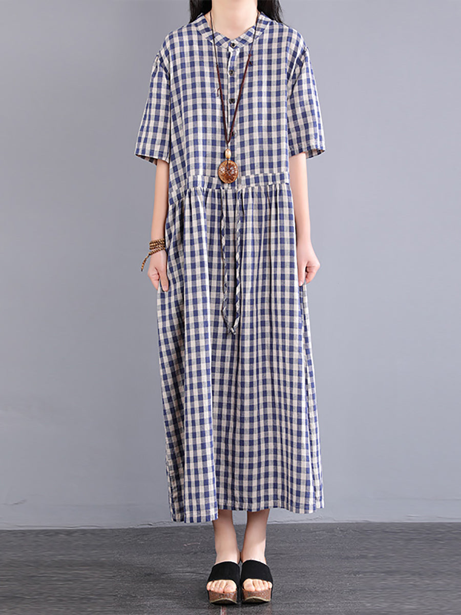 Plus Size Women Casual Plaid Summer Cotton Linen Dress SC1061