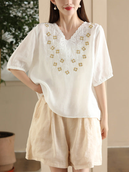 Women Summer Artsy Flower Embroidery Ramie V-Neck Shirt CC030