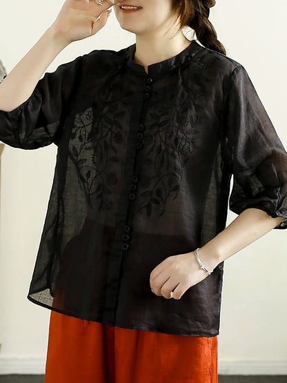 Women Summer Artsy Embroidery Button Ramie Shirt II1043