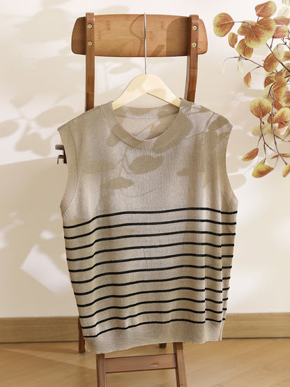 Women Summer Casual Stripe Knitted O-Neck Linen Vest CX004