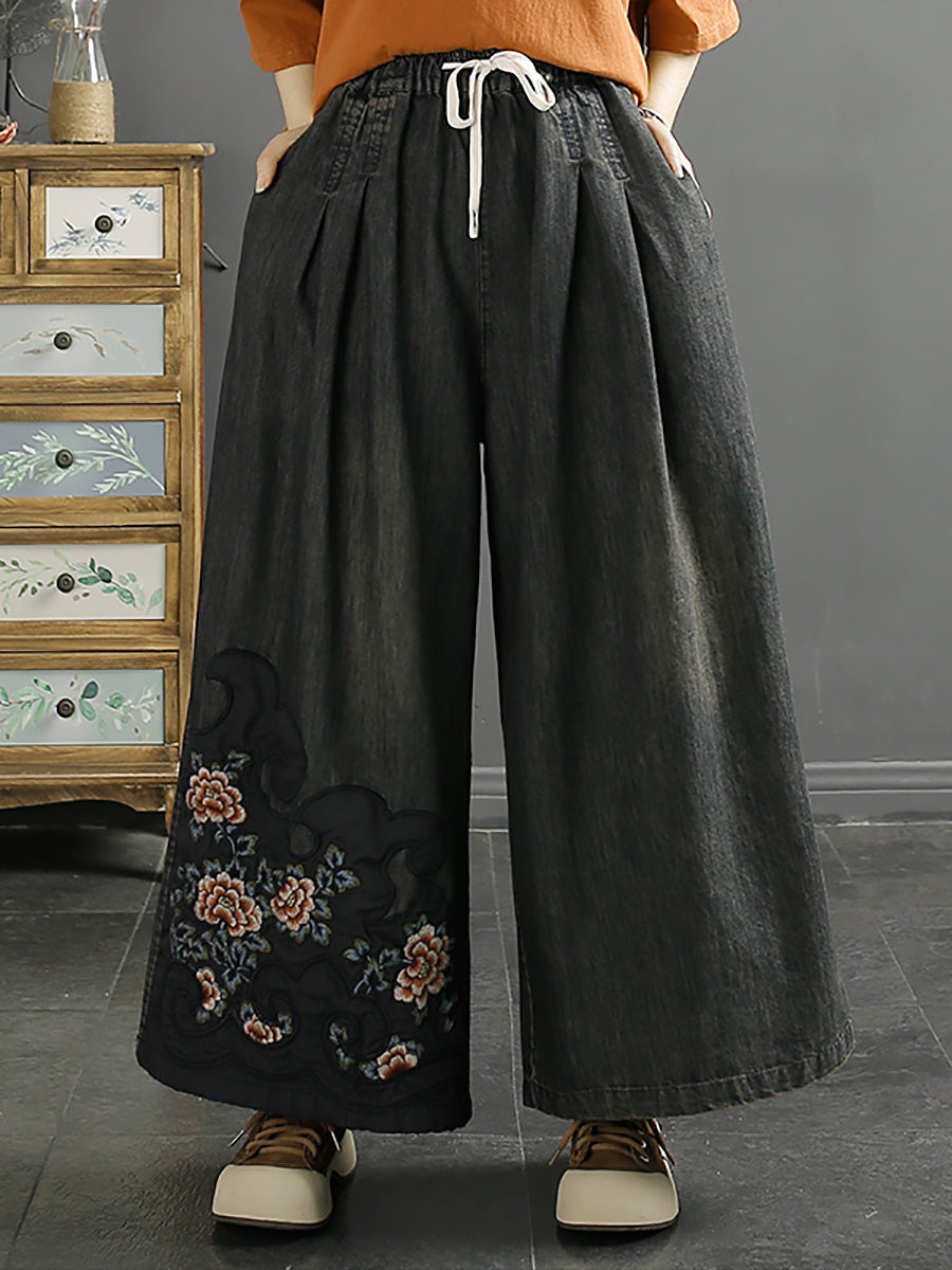 Women Summer Vintage Koi Embroidery Wide-leg Denim Pants CO1049