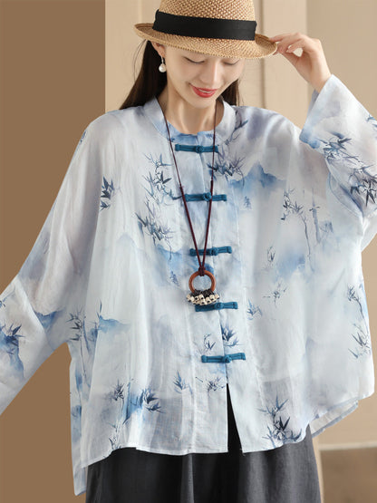 Women Summer Artsy Flower Button-Up Ramie Shirt HH016