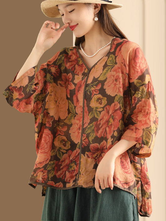 Women Vintage Floral V-Neck Linen Summer Shirt XX1014