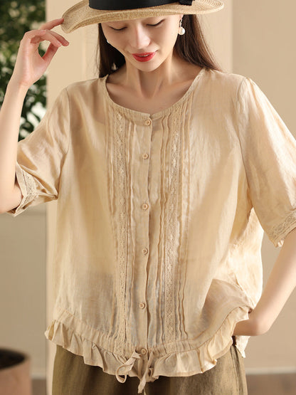 Women Summer Vintage Embroidery Button-up Strap Ramie Shirt FD018