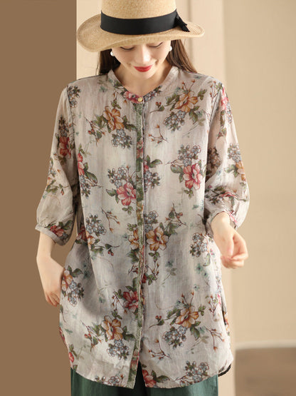 Women Summer Artsy Floral Spliced Ramie Long Shirt TY1024