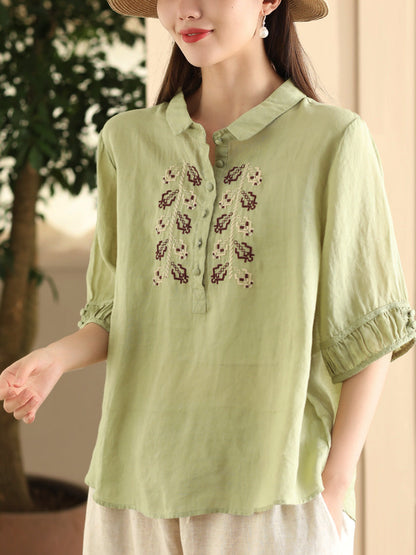 Women Summer Vintage Embroidery Turn-down Collar Ramie Shirt FD017