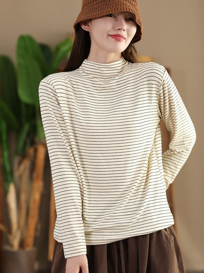 Women Autumn Casual Stripe Half Turtleneck Blouse AI1064