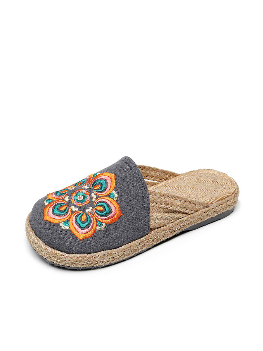 Women Summer Ethnic Flower Embroidert Straw Slippers II1017