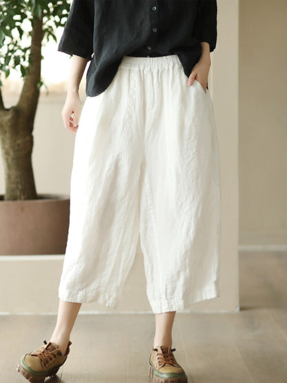 Women Summer Retro Solid Linen Loose Harem Pants FD009