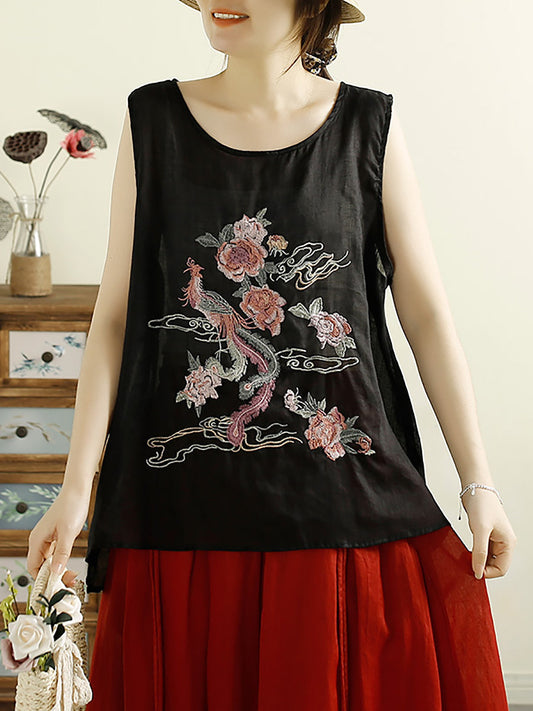 Women Vintage Flower Embroidery Ramie Summer Vest WE1022