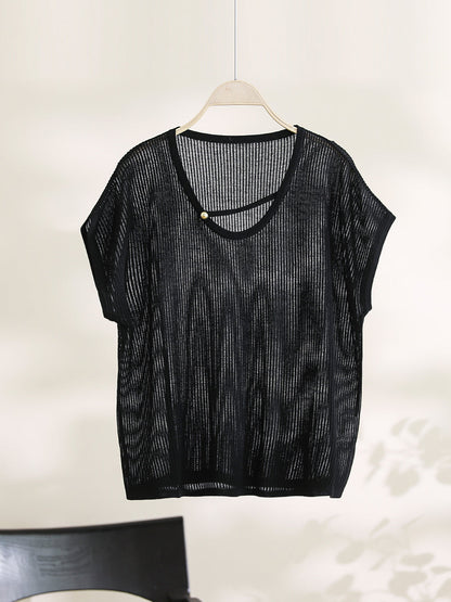 Women Summer Artsy O-Neck Solid Thin Shirt CX036