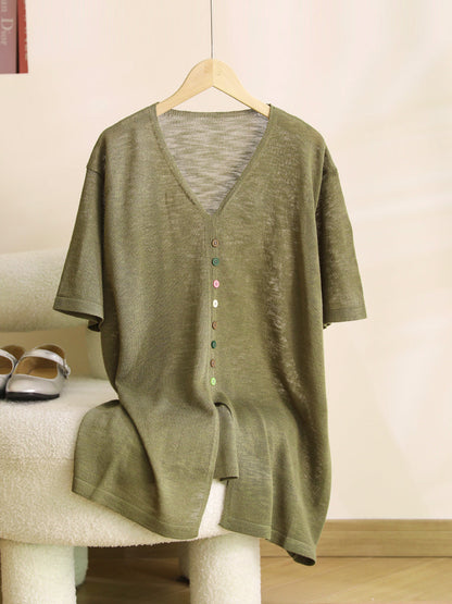 Women Casual Solid Colorful Buttom Summer Thin Shirt QW1050