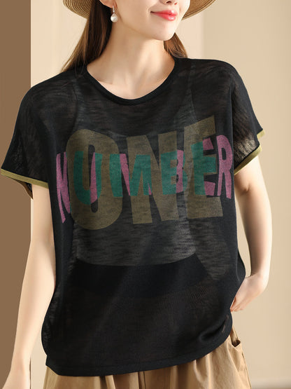 Women Summer Letter Printing Knitted Loose Shirt OP1049