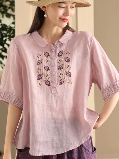 Women Summer Vintage Embroidery Turn-down Collar Ramie Shirt FD017