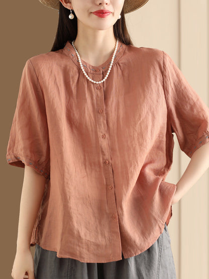 Women Summer O-Neck Embroidery Button-up Ramie Shirt PP1035