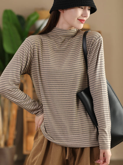 Women Autumn Casual Stripe Half Turtleneck Blouse AI1064