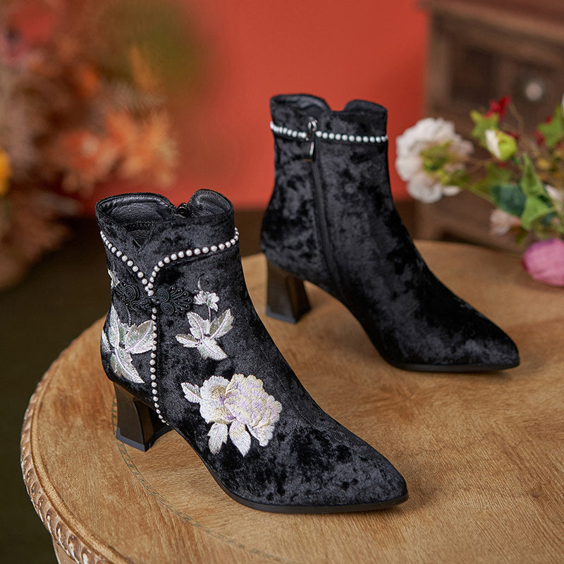 Original Ethnic Style  Embroidered High Heeled Short Boots CZ1025