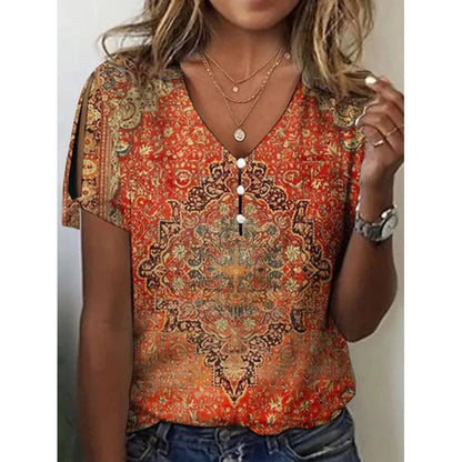 Paisley Loose Casual V Neck T-Shirt  WI85