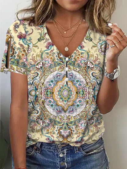 Paisley Loose Casual V Neck T-Shirt  WI85