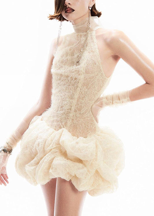 Apricot Sexy Lace Turtleneck Sleeveless Patchwork Dress Mid
