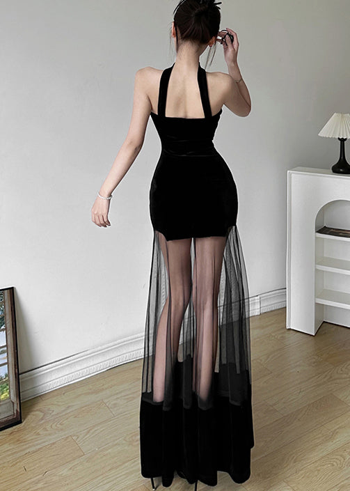 Robe sexy noire en tulle patchwork dos nu pour l'été EE1008