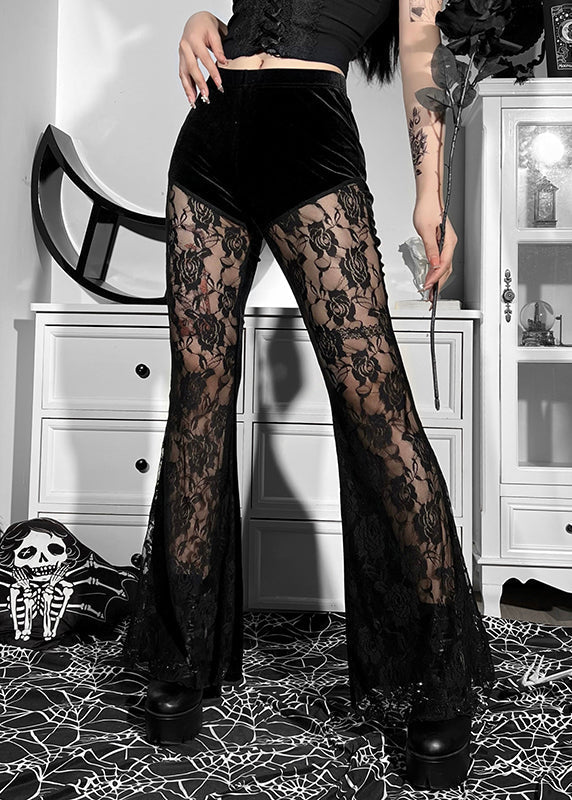 Pantalon évasé sexy noir taille haute en dentelle et velours de soie, printemps YT014