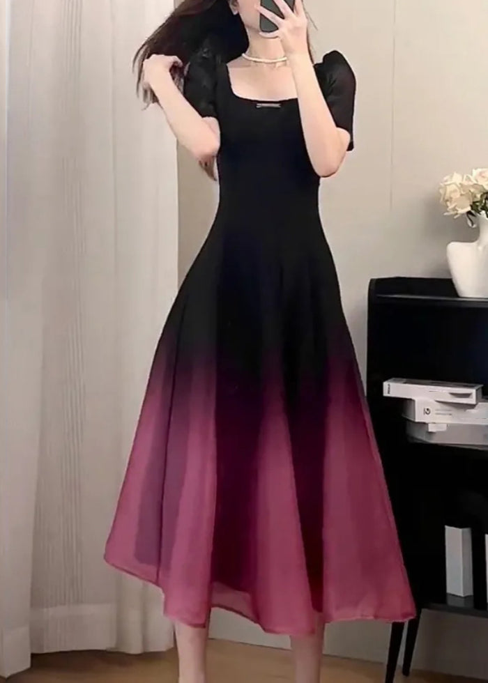 Robe longue sexy noire à col rond et dégradé de couleurs à manches courtes UU1059