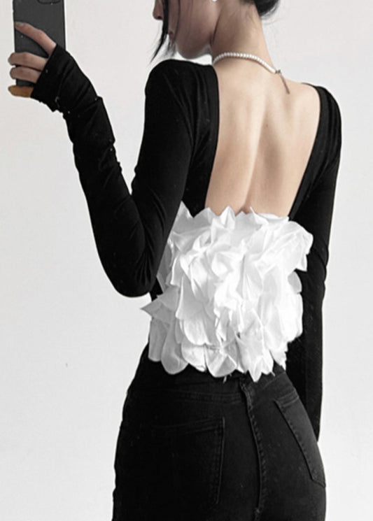 Out Sexy Patchwork Backless Fall Hollow Top Black