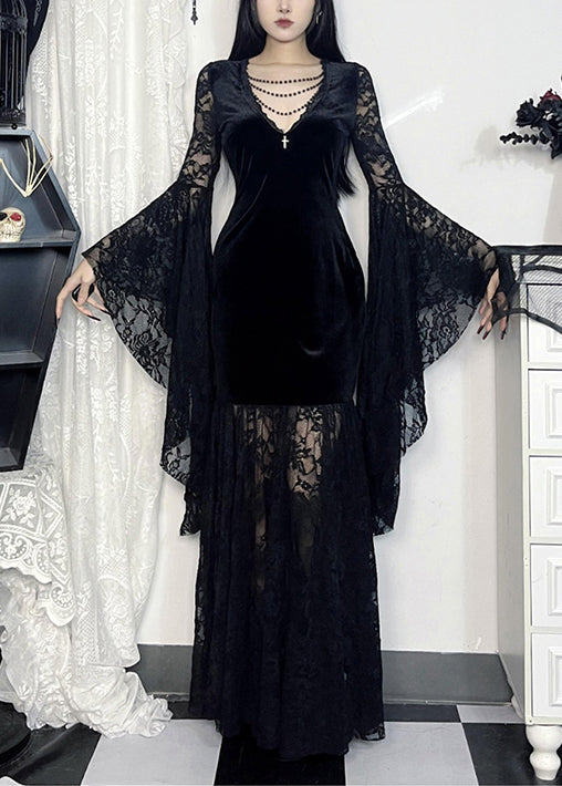 Robe longue sexy noire en velours de soie et dentelle à col en V et manches évasées YT029