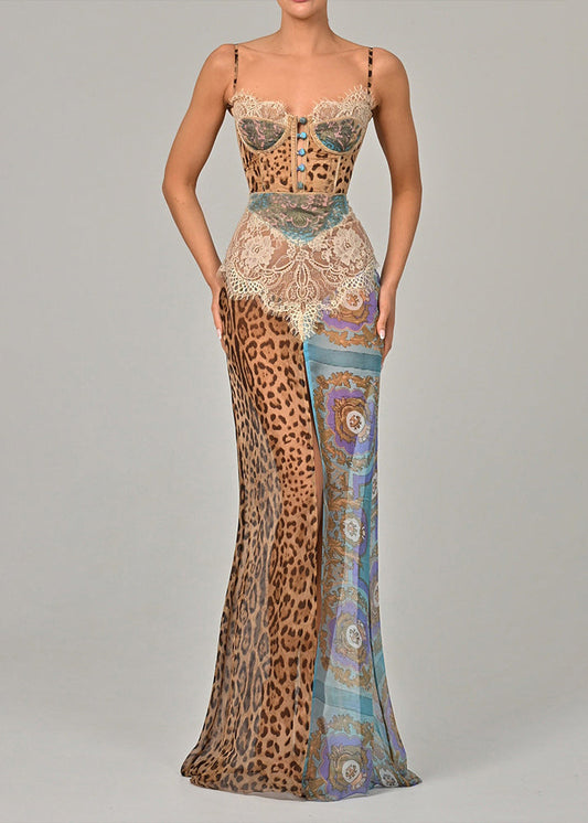 Dress Blue Chiffon Sexy Spaghetti Strap Patchwork Leopard Lace