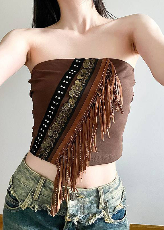 Deux cardigans sexy à pompons et débardeurs marron et dentelle creuse